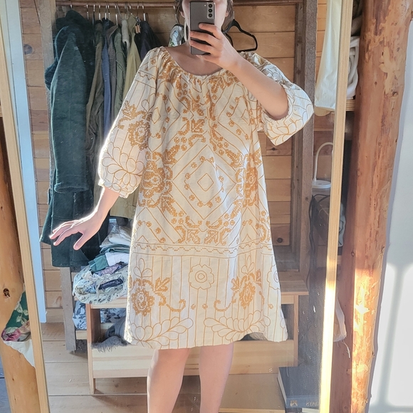 Upcycled Cross Stitched Hand Embroidered White and Gold Dress L XL - Picture 10 of 13